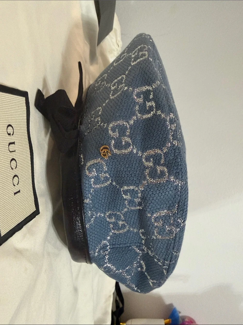 Gucci Light Blue Monogram Beret with Black Bow Trim